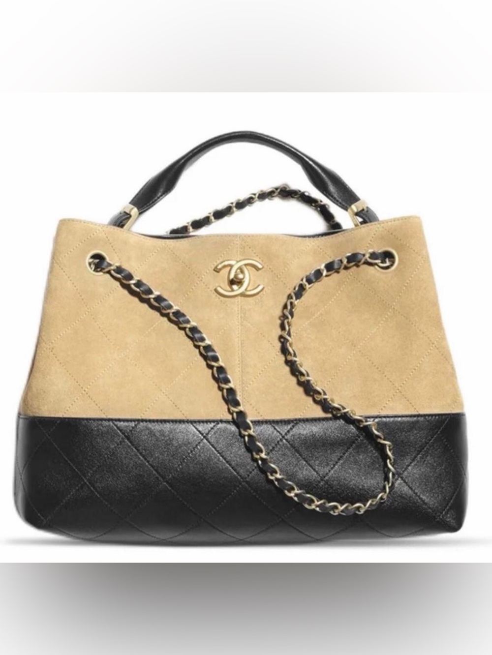 Two-Tone Quilted Suede & Leather Tote in Beige and Black